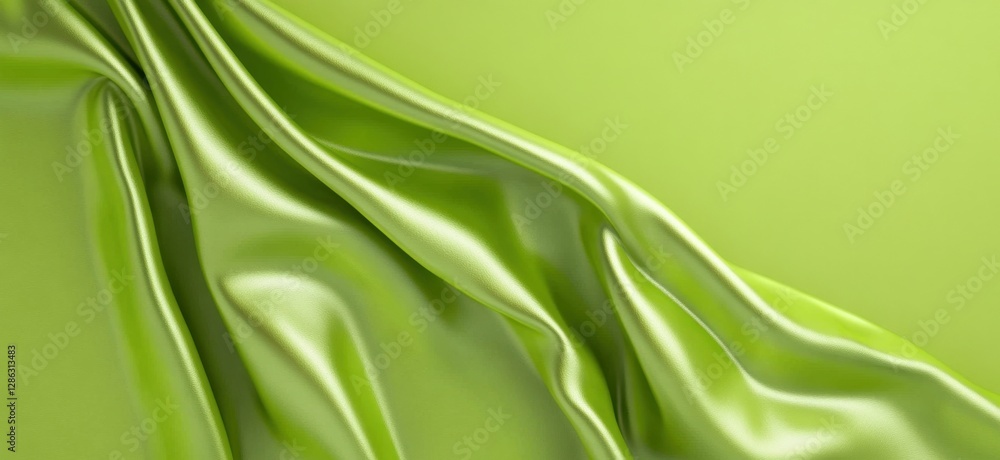 Poster close up view of lime green satin fabric with soft folds and drapes against a matching background. t