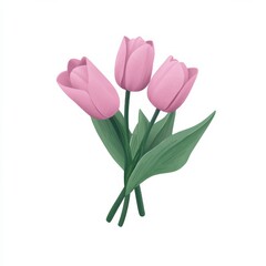 Fototapeta premium A bouquet of three pink tulips with vibrant green leaves, symbolizing beauty, grace, and spring.