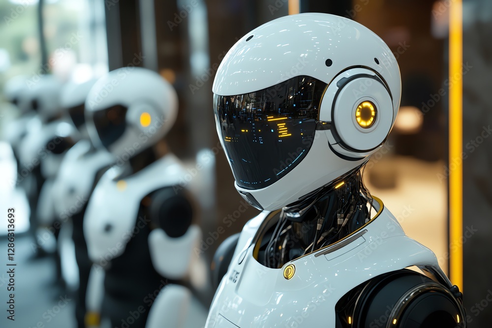 Poster futuristic robots in a row modern technology concept