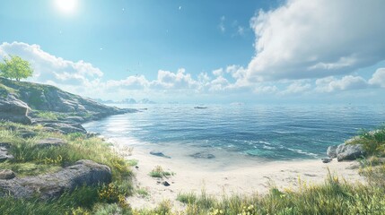 Obraz premium Serene Coastal Landscape - Tranquil beach scene with clear blue water, sandy shore, grassy hills, and a sunny sky. Perfect for travel, nature, and relaxation themes
