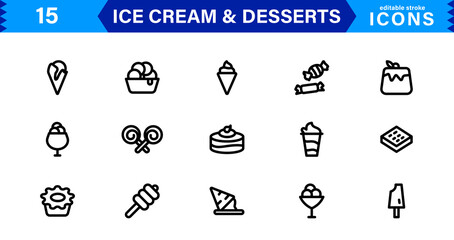 Ice Cream and Desserts Icon Set. Delicious Vector Icons for Sweets, Bakery, and Frozen Treats Designs