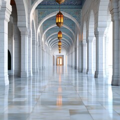 Grand marble hallway with ornate columns intricate archways and soft golden lighting leading into distant vanishing point creating depth and architectural grandeur historical elegance
