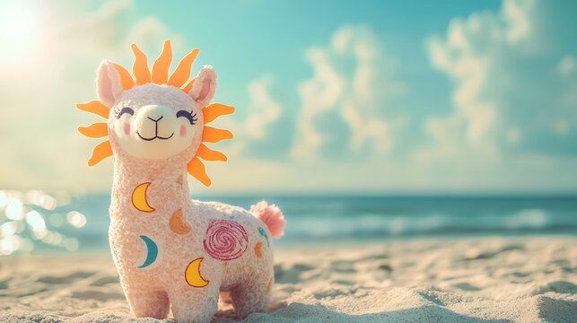 A llama plushie with a sun and moon pattern symbolizing day and night on beach background - Powered by Adobe