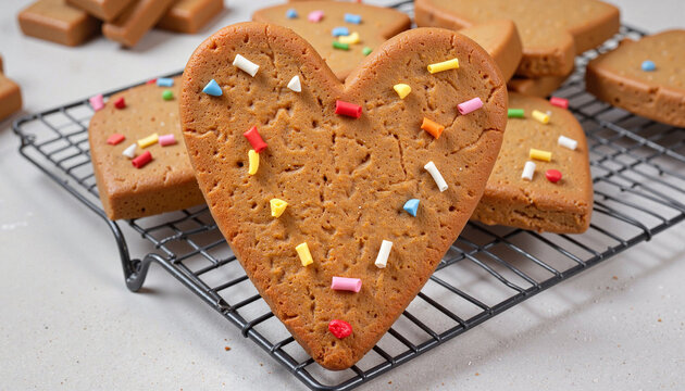 Heart-shaped cookie with sprinkles on cooling rack