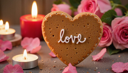 Heart-shaped cookie with love inscription surrounded by roses