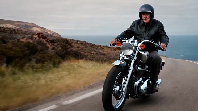 Old man biker in black leather jacket rides on motorcycle