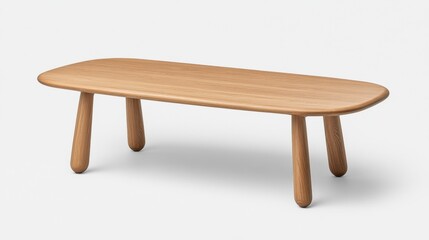 Fototapeta premium Light brown wooden coffee table with unique, chunky legs and a rectangular top. The table is shown on a plain white background