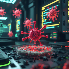 Set within a moody cyberpunk lab, the environment pulses with neon-green warning alerts flashing across futuristic monitors. 