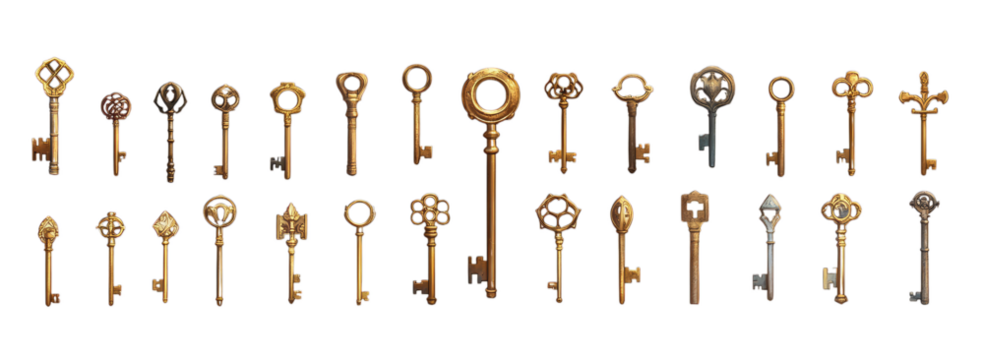 Collection of vintage ornate skeleton keys on transparent background