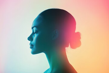 An artistic double exposure of a woman profile, combining bright warm and cool tones to ethereal effect