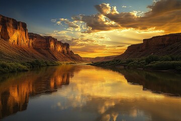 Fototapeta premium Serene Sunset Canyon River Reflection - Majestic sunset casting golden light on a calm river reflecting canyon cliffs. Symbolizing peace, tranquility, nature's beauty, reflection