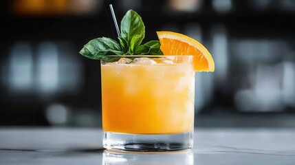 A vibrant cocktail made with orange juice, garnished with fresh basil and orange slice, showcasing a refreshing drink perfect for summer gatherings or special occasions.