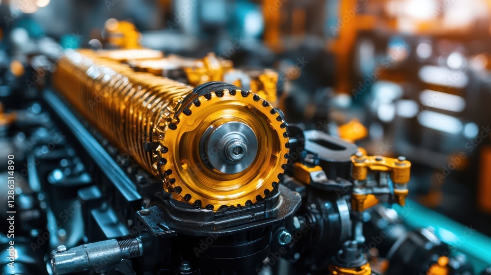 Poster a machine featuring a prominent gear, showcasing mechanical engineering and design elements essentia