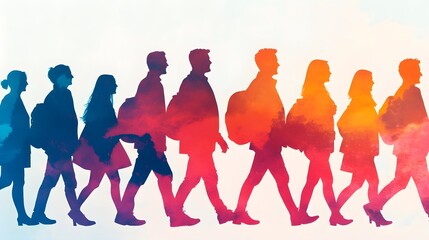 Colorful Silhouetted Crowd Walking Together, Symbolizing Diversity and Community