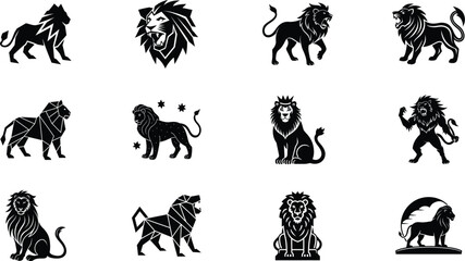 Majestic Lion Logos Black and White Vector Icons Set