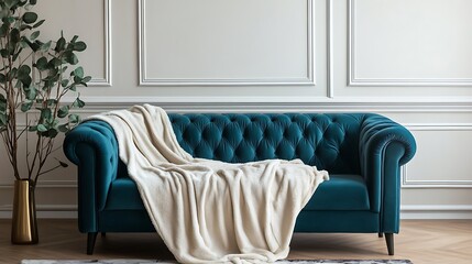 A luxurious blanket draped on a velvet sofa in a deco style living room