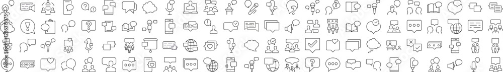 Poster talking and dialogue thin line icon set. speech bubble outline signs for graphic and web design, app