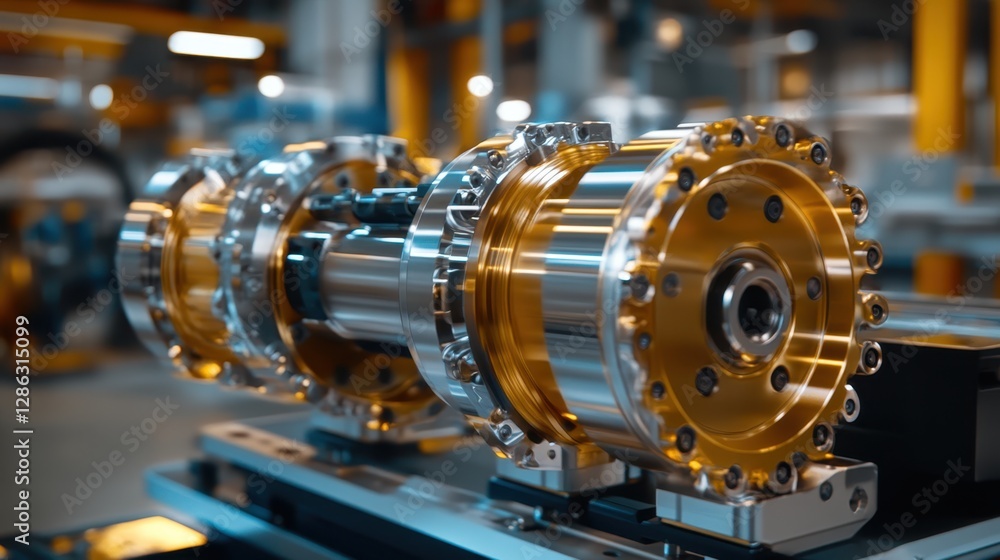 Poster a close-up view of an industrial machine featuring a prominent metallic component, showcasing intric