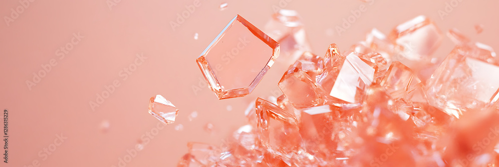 Poster macro shot of translucent crystals and fragments, with a peach background, showcasing texture and li