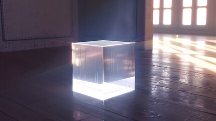 A floating cube with shifting light patterns, symbolizing blockchain technology.

