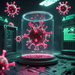 Set within a moody cyberpunk lab, the environment pulses with neon-green warning alerts flashing across futuristic monitors. 