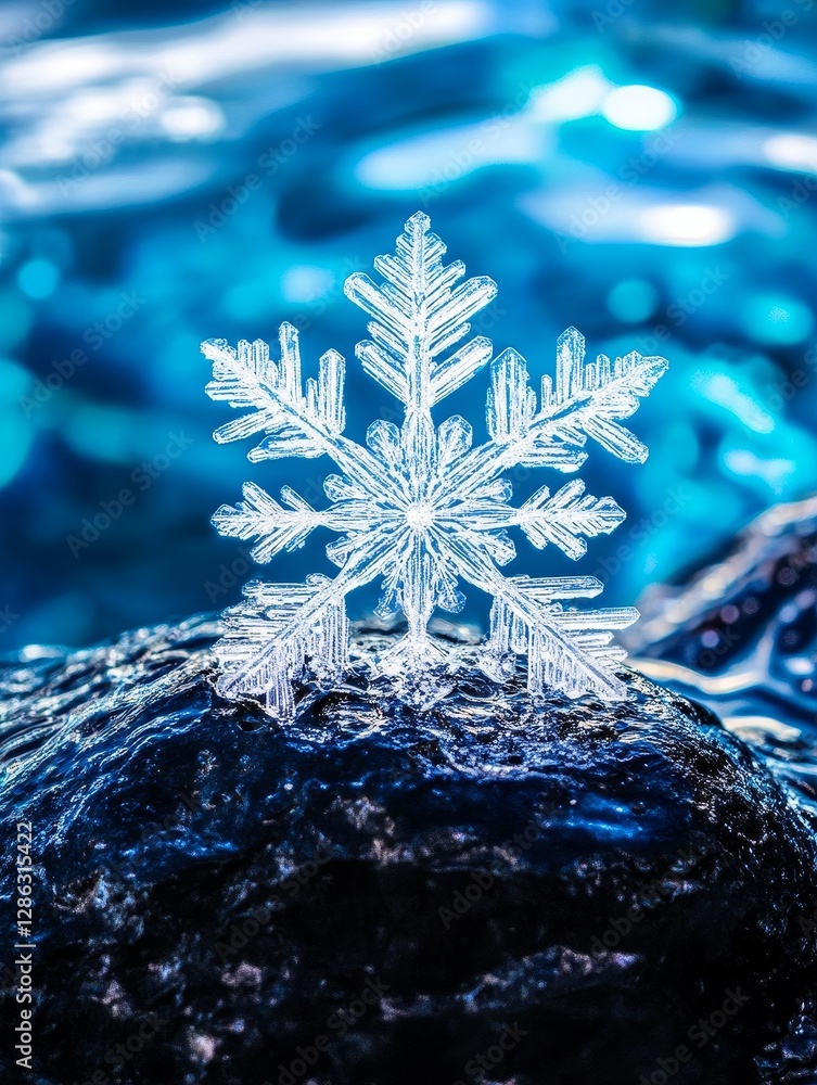 Poster single snowflake on dark rock - close-up of a single, intricately detailed snowflake resting on a da