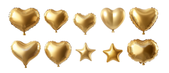 Gold heart and star balloons set on transparent background for celebrations