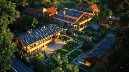 Fototapeta premium Eco-Friendly Suburban Houses with Solar Panels, An Aerial View of Sustainable Living
