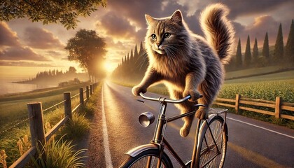 The cat is riding a bicycle