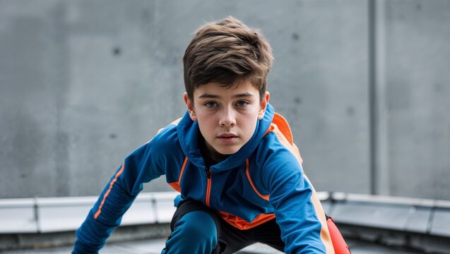 A teenage boy doing parkour in sporty wear on rooftops in closeup portrait on a plain concrete gray background