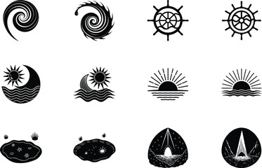 Nautical, Celestial, and Nature Spiral Icons Black and White Designs