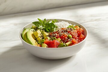 Vibrant Poke Bowl with Seared Salmon Avocado and Sesame Seeds which are healthy and delicious. Tasty and visually appealing. Fresh and bright food photography. Perfect for lunch or dinner. It is also