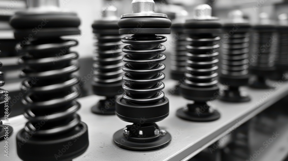 Poster a detailed close-up view of multiple springs neatly arranged on a shelf, showcasing their coiled str