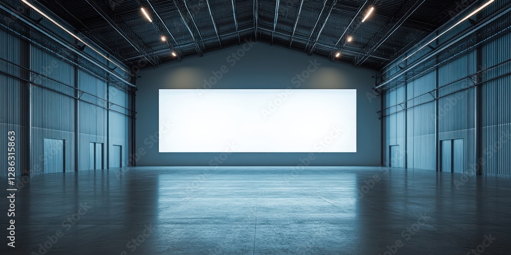 Poster a spacious room features a large screen prominently displayed, complemented by a high ceiling, creat