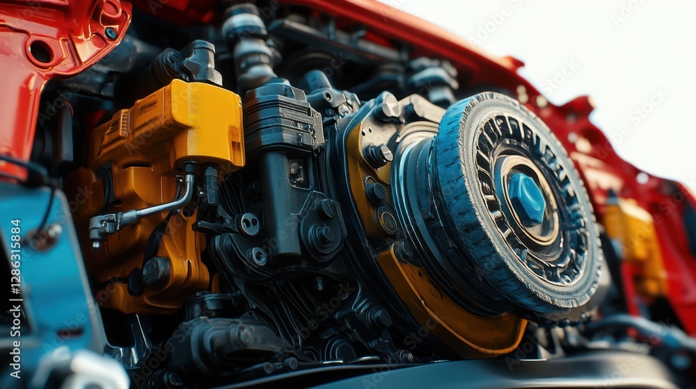 Poster a detailed close-up view of a large train engine showcasing its intricate components and robust desi