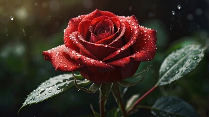 Red Rose, Beautiful red rose with water droplets, Close-up picture of red rose with water on it with forest background