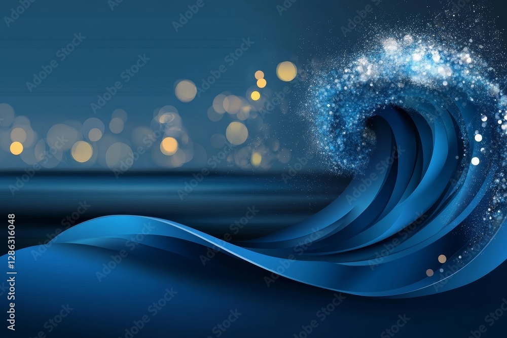 Poster sparkling blue wave abstract - abstract of a stylized blue wave with sparkling particles, set agains