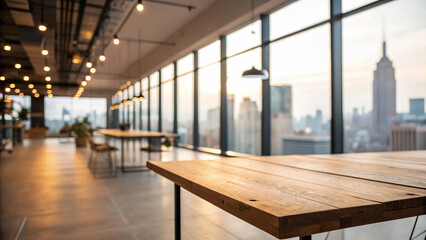 Naklejka premium The image highlights a wooden tabletop in the foreground, with a blurred office space and cityscape view through large windows in the background