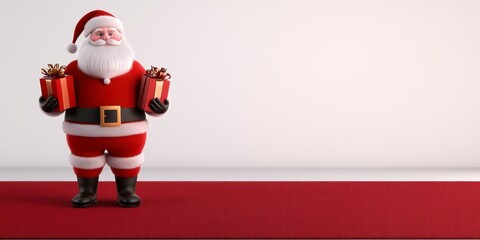 Cheerful Santa Claus figure stands on a red carpet against a white background, holding two wrapped gifts. 3D rendered image, festive Christmas scene