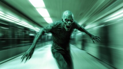 A scary ghost creature with sharp claws, glowing eyes, and a terrifying form is running from the front. The scene features a gripping dynamic motion blur effect