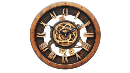Unique vintage wall clock with exposed gears and wooden accents displayed on a white background