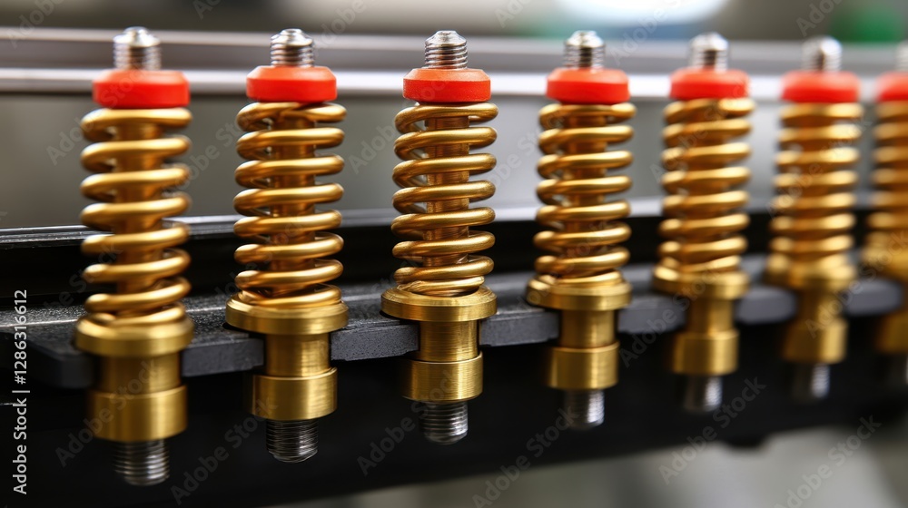 Poster a detailed close-up view of a series of gold springs arranged neatly on a machine, showcasing their 