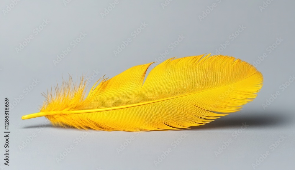 Poster single yellow feather with intricate pattern rests on a neutral gray background. soft lighting enhan