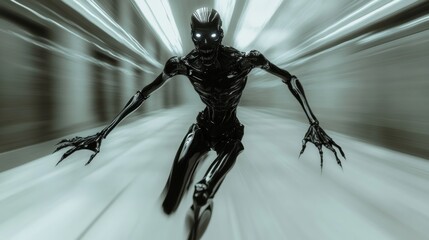 A scary ghost creature with sharp claws, glowing eyes, and a terrifying form is running from the front. The scene features a gripping dynamic motion blur effect