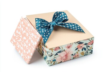 Floral Gift Box With Teal Bow And Lid Ajar
