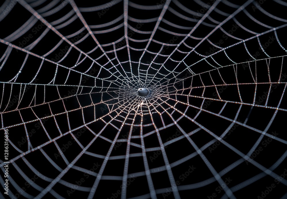 Poster close up view of a spiderweb with intricate details, radiating from the center against a dark backgr