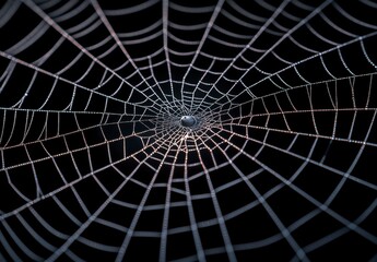 Obraz premium Close up view of a spiderweb with intricate details, radiating from the center against a dark background. The web's fine threads glisten subtly