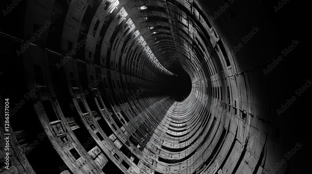 Poster arafed tunnel features a circular structure centrally located, showcasing unique architectural desig