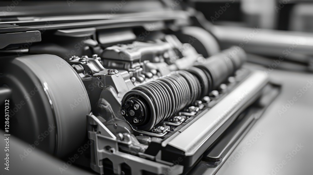 Poster a detailed close-up of a powerful machine showcasing its large engine, highlighting intricate compon