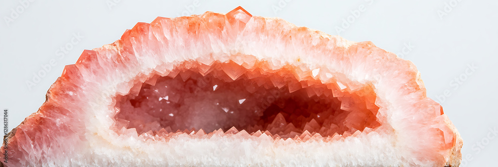 Poster close-up of an earthy geode with an array of layered rose and white colored crystals with jagged edg